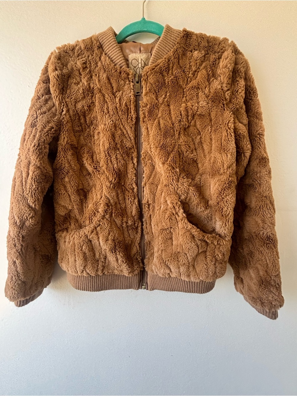 Plush Faux Fur Bomber Jacket - Brown